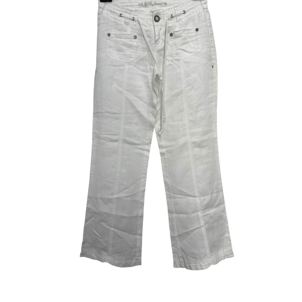 Guess Womens White 100% Linen boot cut flare Leg Pants Zipper/ Drawstring SZ 24